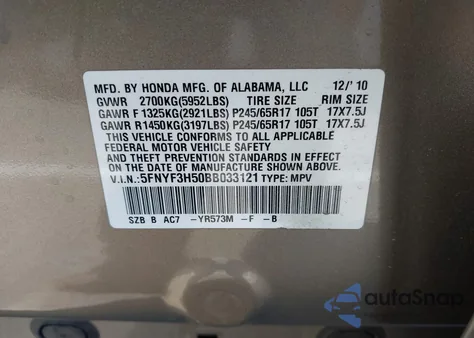 2011 Honda Pilot Ex-L from USA, damaged, VIN 5FNYF3H50BB033121